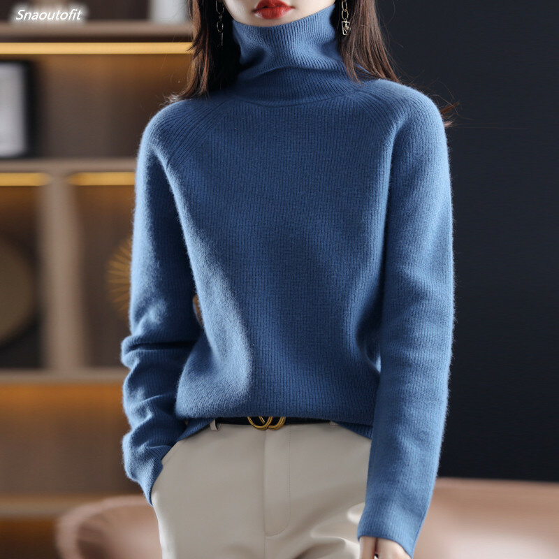 2021 jesienno-zimowy nowy wysoki dekolt damski sweter wełniany, długi rękaw dziergany dół koszula luźny sweter koreańskiej wersji