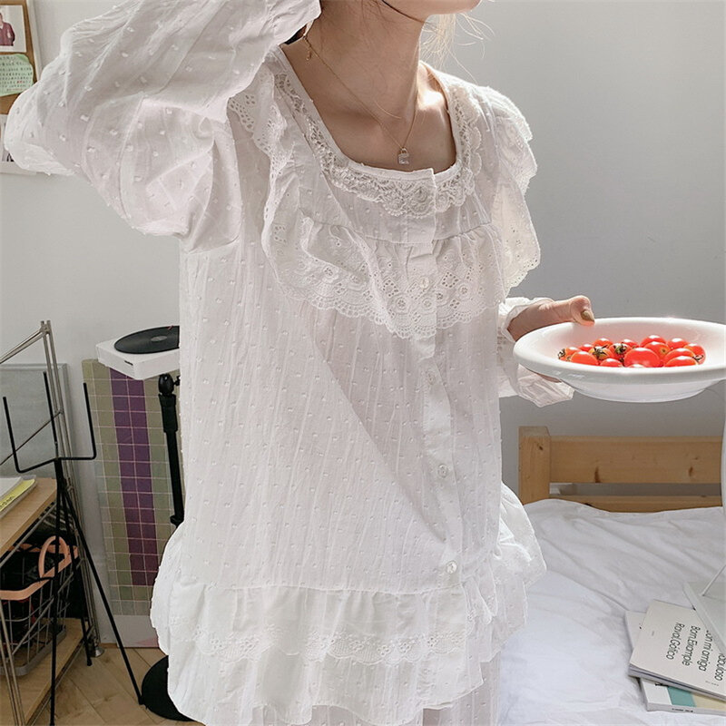 Alta qualidade branco bordado rendas pijamas conjunto coreano babados sólido manga longa camisas sleepwear calças compridas pijamas pijamas