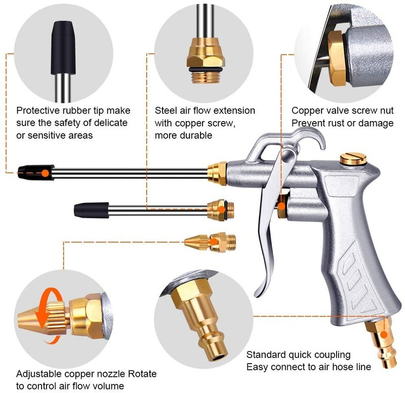 Profissional pistola de ar com cobre ajustável fluxo ar bico extensão pneumática compressor de ar acessório ferramenta arma poeira