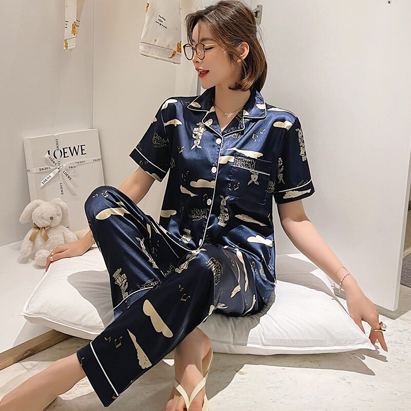 Drumming Rabbit Pajamas for Women Summer Cardigan Ice Short Sleeve Trousers Suit Artificial Silk Thin Homewear Spring and
