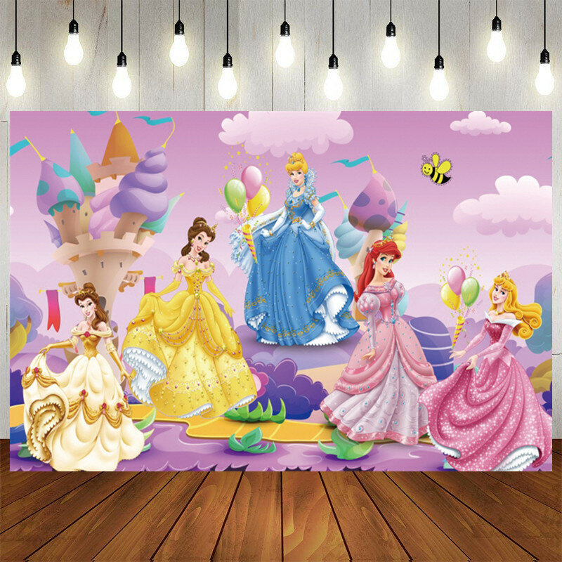 ディズニープリンセスパーティーの装飾,背景の装飾,ビニール写真の段ボール,女の子の誕生日パーティー用品の背景