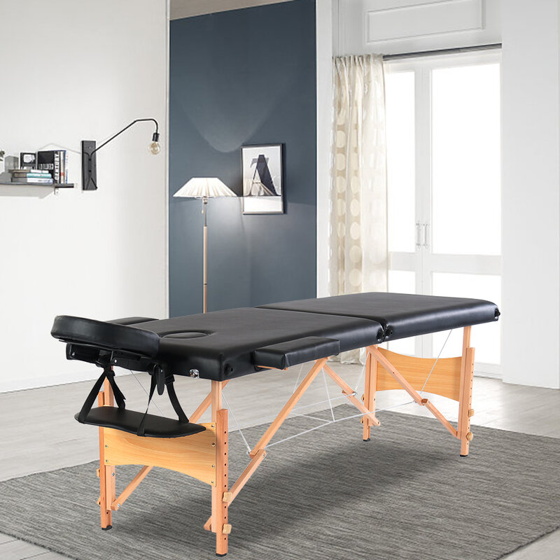 84 "2 seções dobráveis mesa de massagem da beleza do pé de faia portátil 60cm de largura ajustável altura preto salão cama de massagem dobrável
