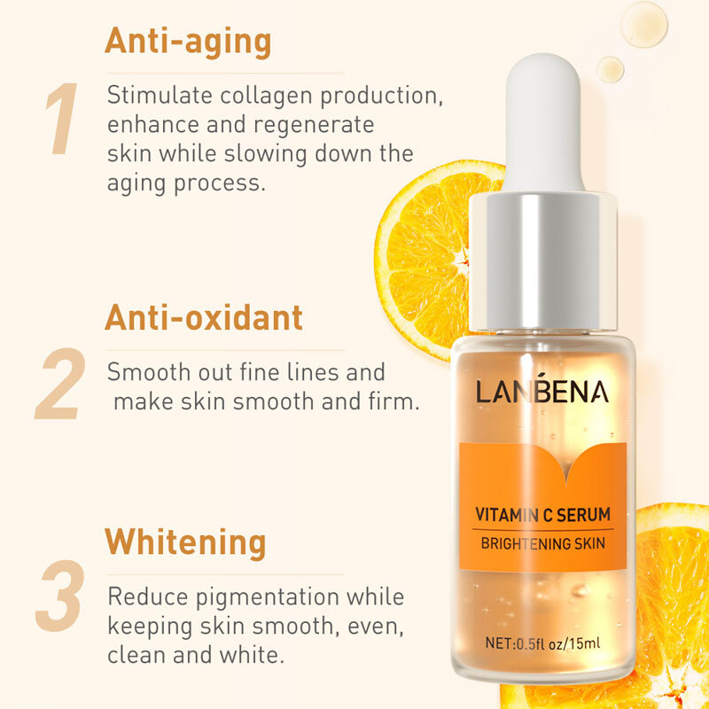 นาฬิกา LANBENA Vitamin C Whitening Face Serum Lighten Spots Brightening Facial Skin Essence จุดด่างดำลบ Freckle Speckle Care