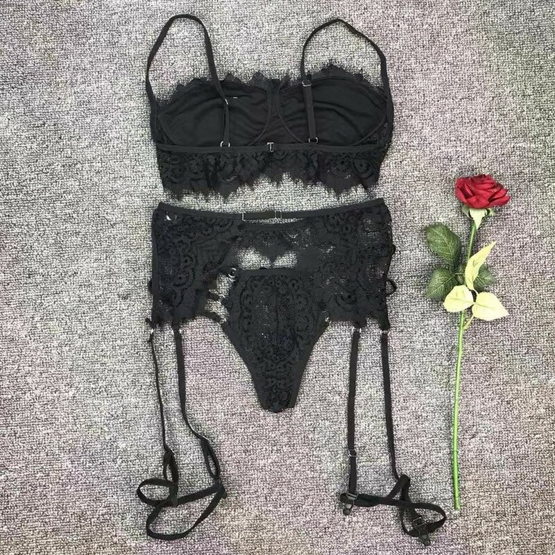 Lingerie sexy feminina 3 peças, conjunto de roupa íntima, alças de renda bordada, push up, sutiã, calcinha, sensual, com cintos de liga