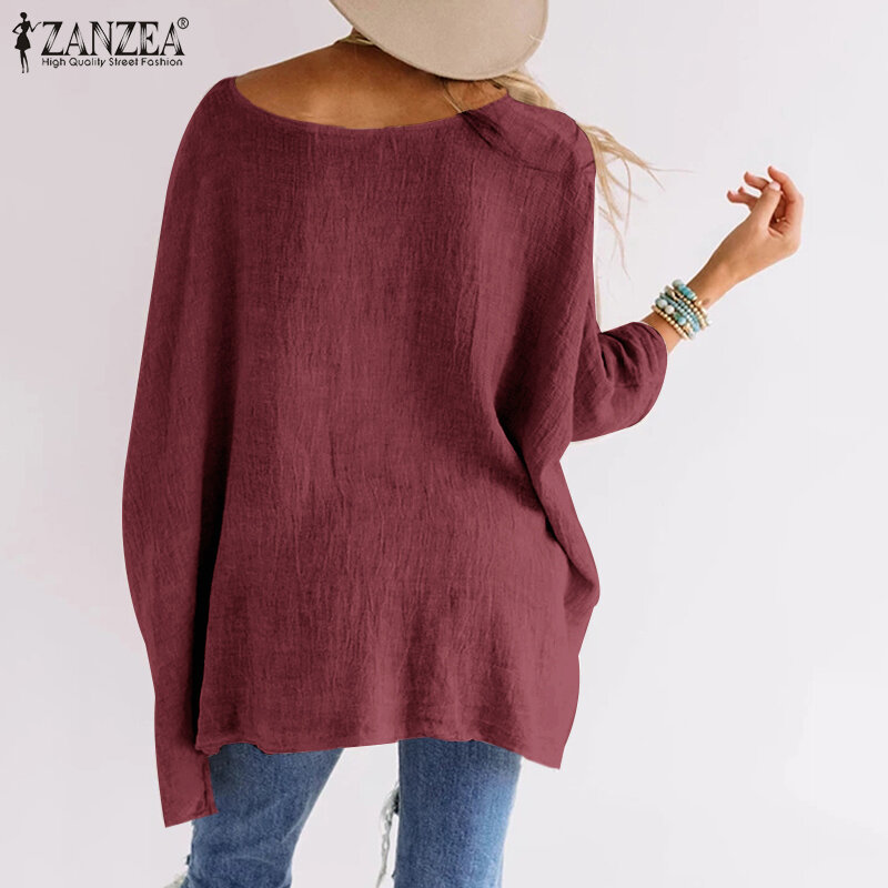 ZANZEA 2021 Fashion Women Bat Sleeve Blouse Summer Solid Loose Tops Casual O neck Split Hem Shirt Holiday Blusas Tunic Chemise