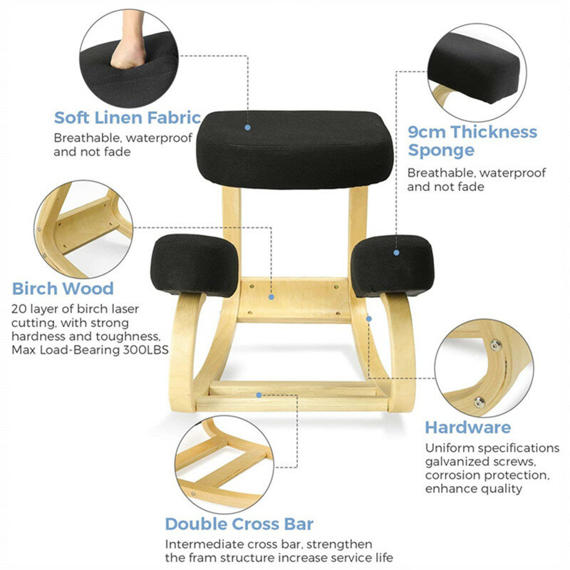 Cadeira de joelhos ergonômica balanço balanceamento de madeira confortável cadeira de joelho durável com almofada grossa preto