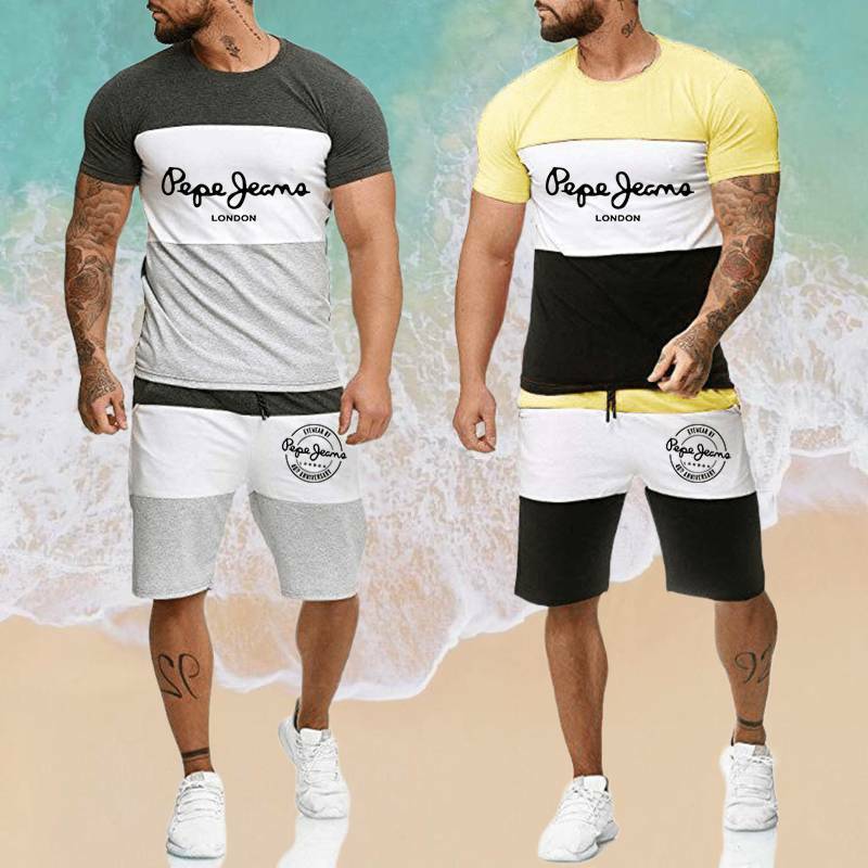 Terno de manga curta masculino pepe impressão camiseta e shorts ternos verão casual listrado streetwear masculino musculação roupas
