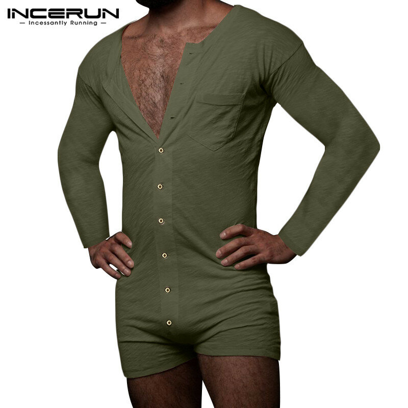 INCERUN Mens Leisure Pajamas Onesies Long Sleeve O Neck Solid Rompers Sleepwear Fashion Buttons Shorts Jumpsuit Homewear S-5XL 7