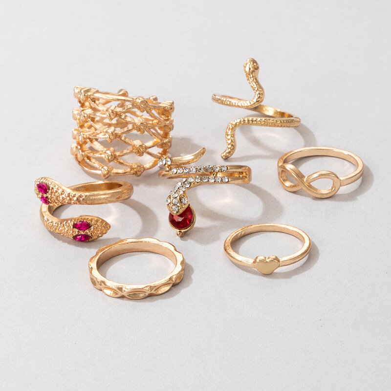 Cześć mężczyzna 7 sztuk/zestaw Punk mieszane cyfrowe 8 kryształ w kształcie serca wąż geometryczny pierścionek kobiety szlachetny urok rocznica biżuteria bankietowa