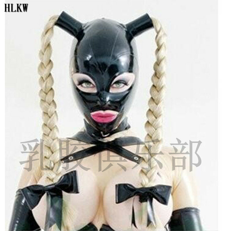 Erwachsene Spiel Sexy Latex Haube gummi Maske mit haarteile perücken Zwei haufen pony tails stroh Zöpfe mit zurück zipper haar spielzeug