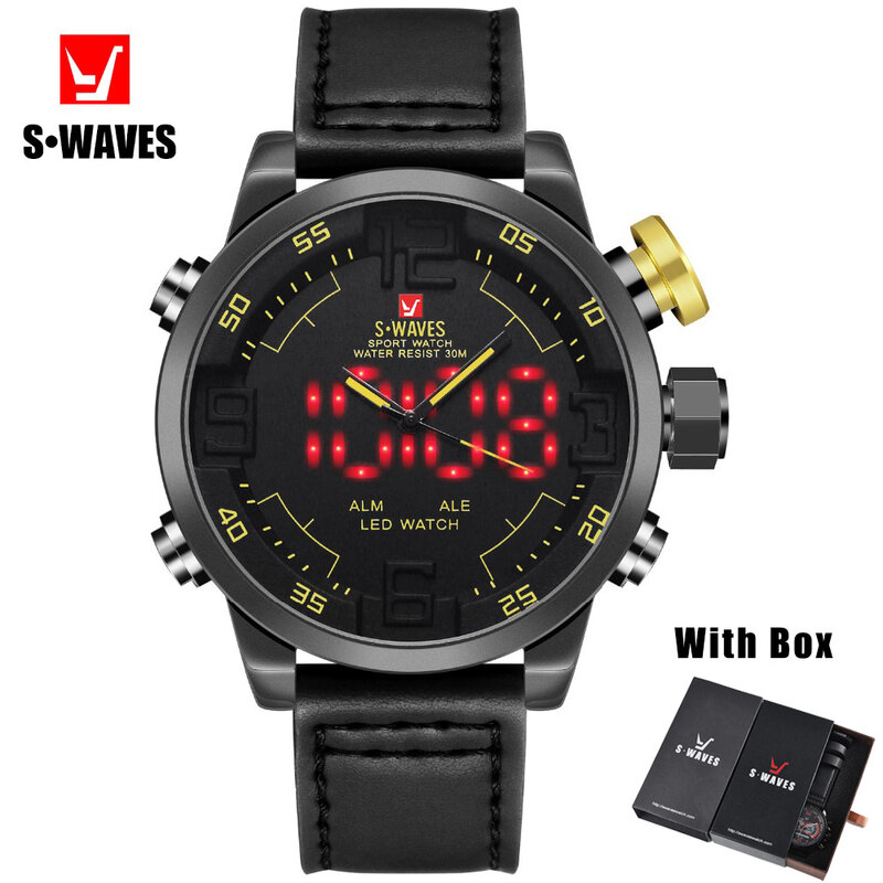 Swaves Heren Horloges Met Doos Dual Display Led Analoge Digitale Horloge Mannen Sport Quartz Waterdicht Lederen Band Relojes Hombre