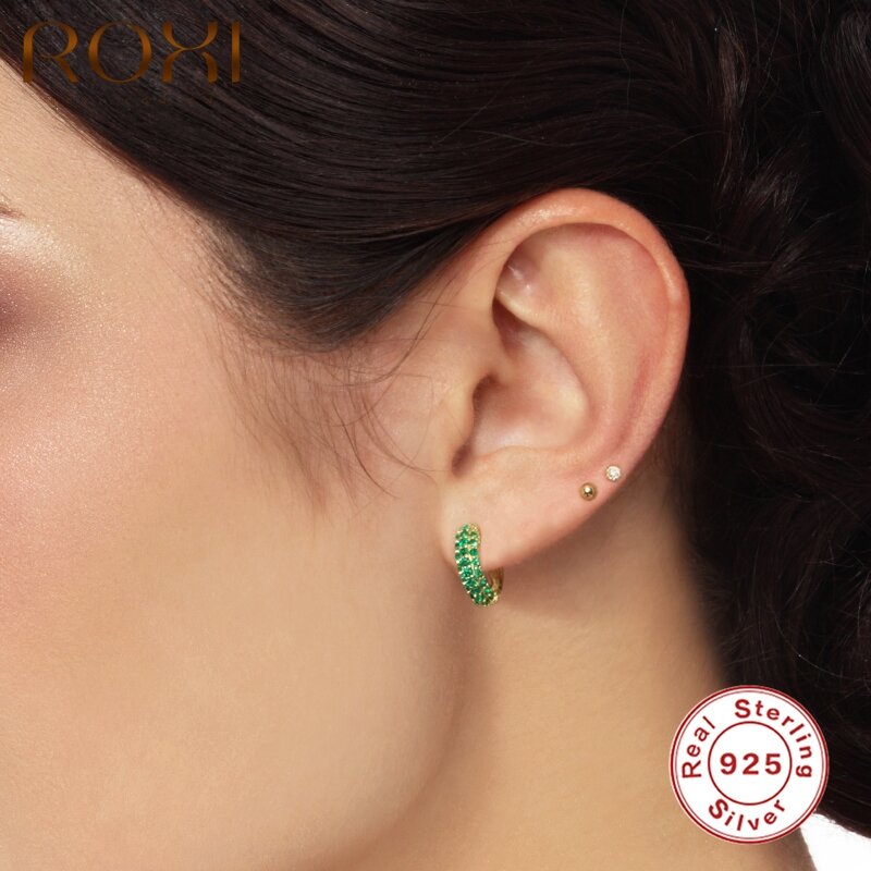 ROXI Ins modny zielony Element Hoop kolczyki dla kobiet 2021 925 Sterling Silver Crystal Earing emalia kolczyki Huggie biżuteria Aros