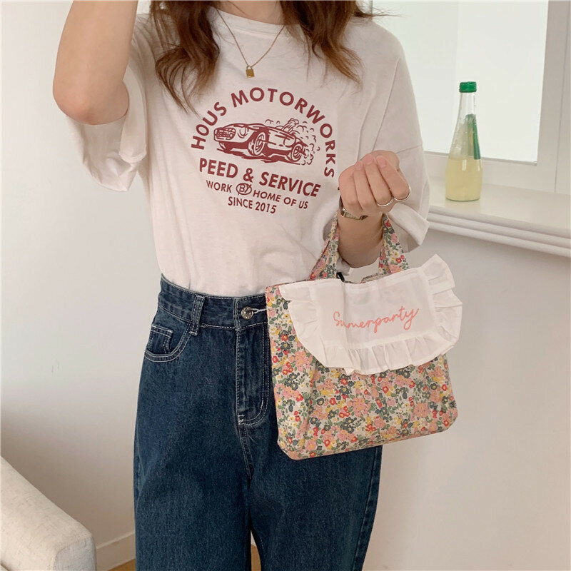 Sweet Ruffled Lunch Bag Korean Floral Lunch Box Bag Cotton Fabric Women Small Tote Kids School Lunch Bags Picnic Food Storage