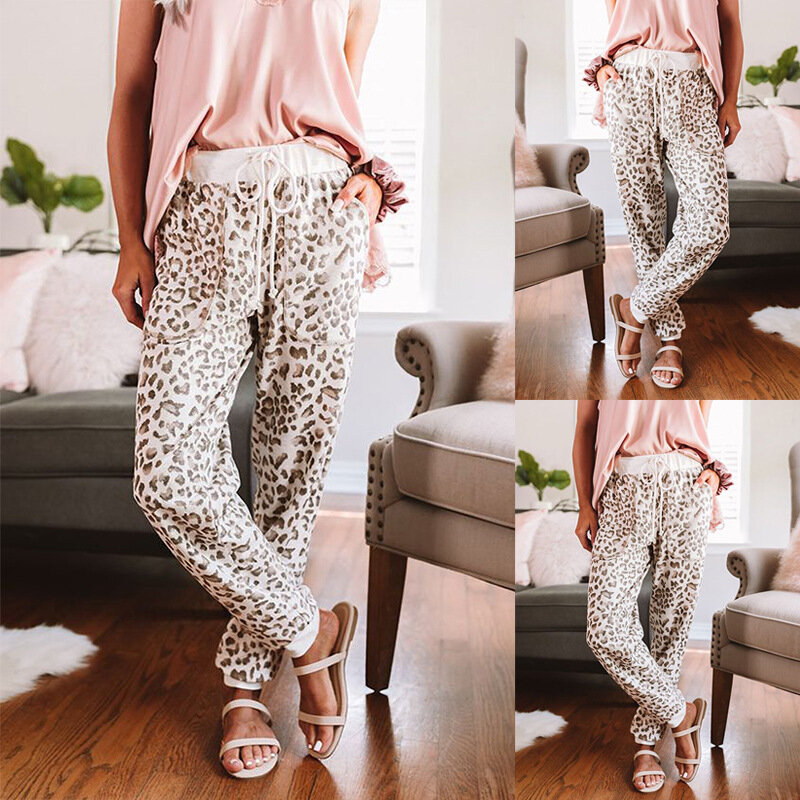 Conforto feminino comprimento total calças de dormir senhoras leopardo impressão casa calças femininas outono inverno calças casuais pijamas sono bottoms