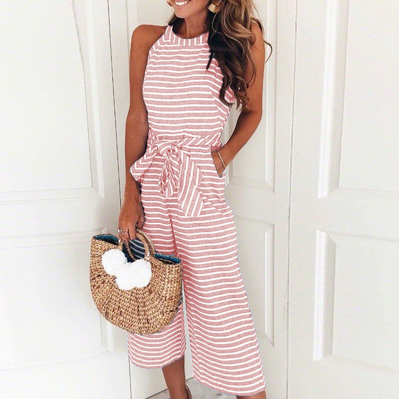 2020 new Jumpsuit Women Striped Printed Lace-up Pocket O-neck Sleeveless Long Wide Leg Pants Summer Black Pink Jumpsuit