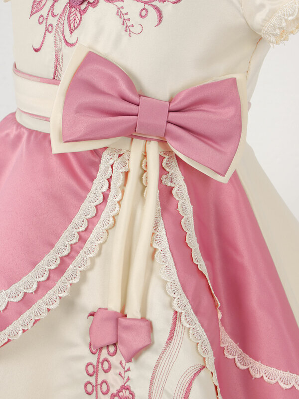 Vestido de fiesta de manga corta para niñas, 1 pieza, con lazo bordado Floral, adornado, de poliéster, tutú, Princesa, para regalo de boda