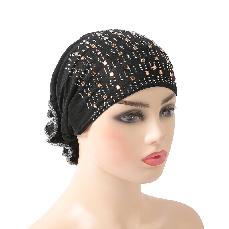 H008 High quality muslim hats with rhinestones pull on islamic scarf with flower on back turban hijab bonnet inner caps