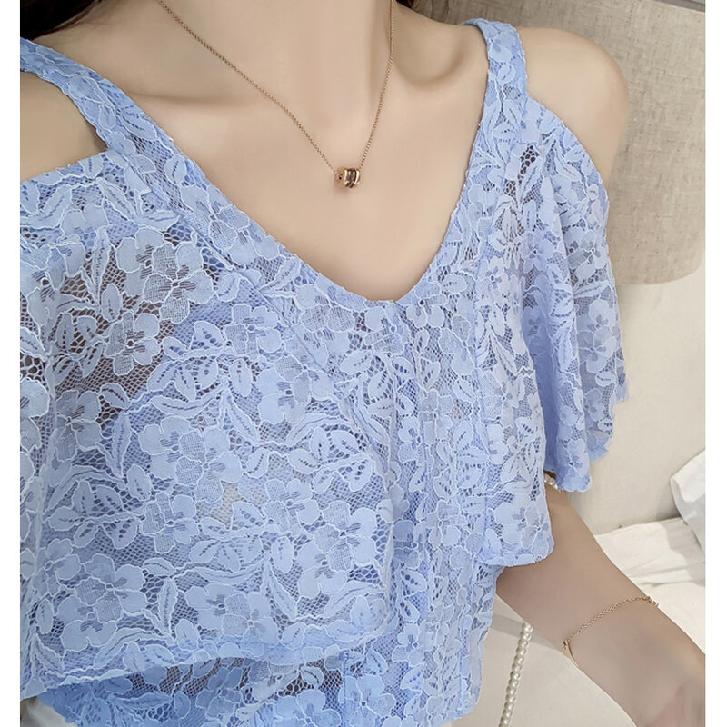 Blusa de manga corta con hombros descubiertos para mujer, Camisa ajustada de encaje Vintage, moda coreana, top 130i, novedad de verano 2021