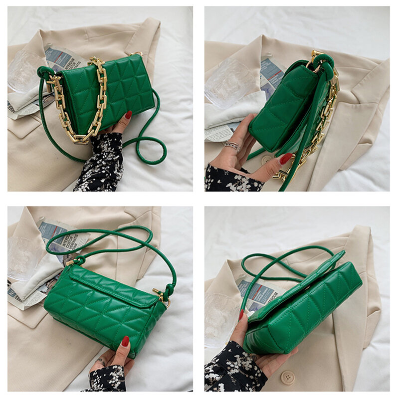 Bolsas de ombro femininas de marca, 2021, corrente grossa, aba verde, bolsas de ombro acolchoadas e bolsa de mão feminina, bolsa de travesseiro para mulheres