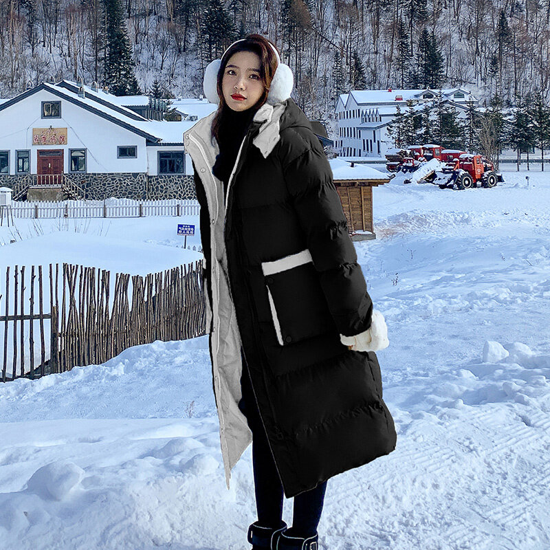 2022 جديد الشتاء معطف طويل المرأة الكورية نمط فضفاض منتصف طول الإفراط في الركبة الشتاء أسفل معطف مبطّن