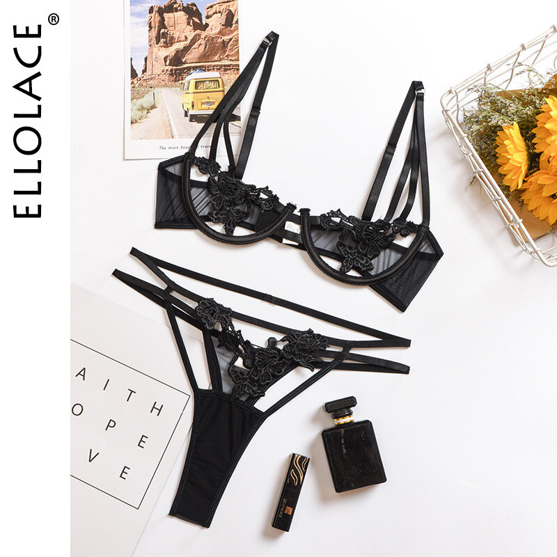 Ellolace – ensemble de Lingerie Sexy en dentelle ajourée pour femmes, soutien-gorge Transparent, noir, érotique