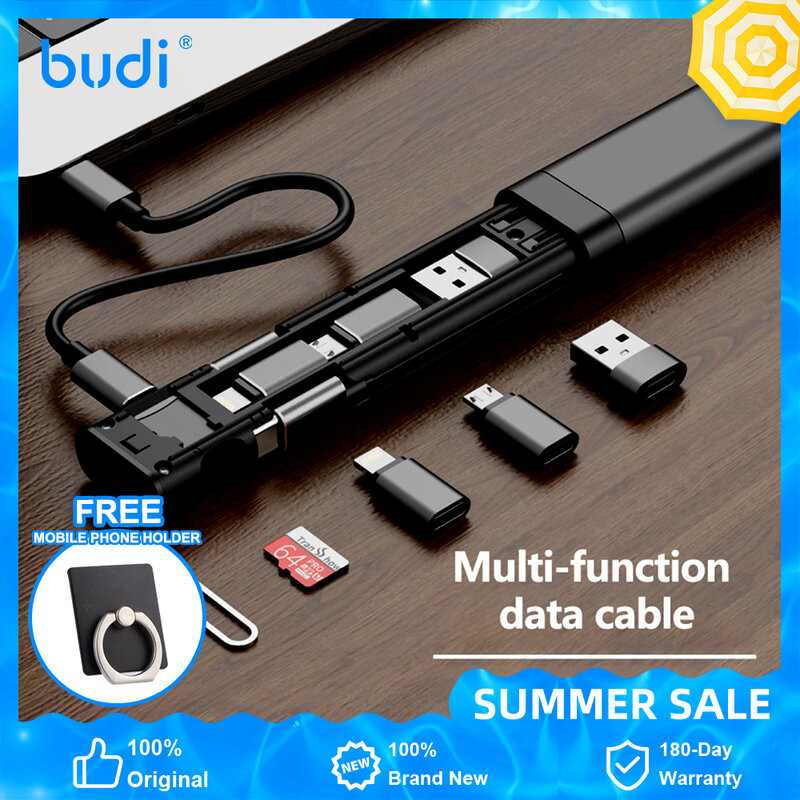 BUDI Multi-function Smart Adapter Card Storage Data Cable USB Box Universal for iPhone Xiaomi Huawei Protable Phone Supplies