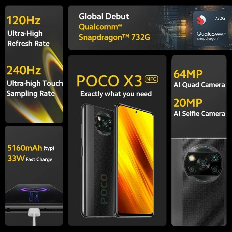 Xiaomi POCO X3, Versión global, 6GB RAM 64GB ROM, Snapdragon 732G, NFC teléfono móvil, 6.67'' FHD Pantalla de puntos, 64MP AI Cámaras cuádruples, 5160mAh Batería 33W