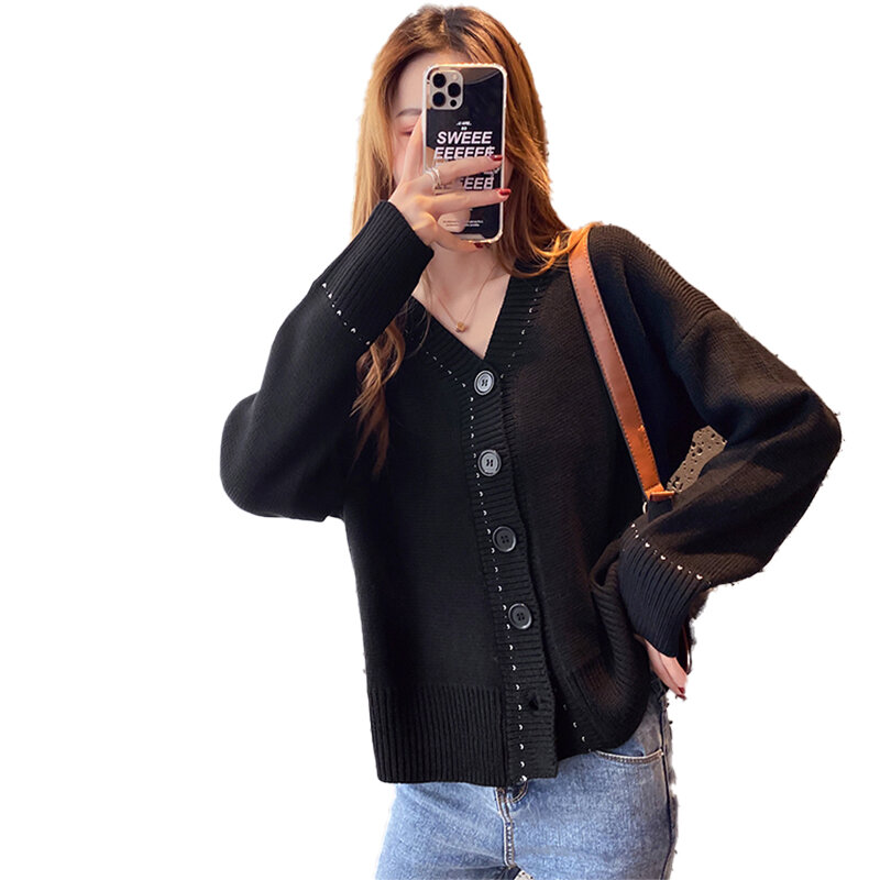 2021 Autumn and Winter New Single-breasted Loose Long-sleeved Cardigan Jacket Coat Knitted Sweater Women Gray V-neck Sweater Top