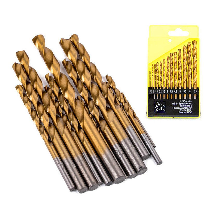 13PCS HSS Titanium Plating Drill Bit Tools Round Handle Twist Drill 1.5MM-6.5MM For Lron Plate/Aluminum/ Copper/ Plastic/Wood