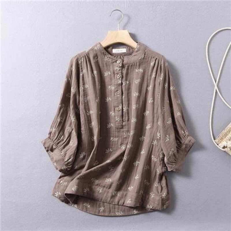 Japanese leaf print double layer cotton  five-point sleeve shirt ladies  summer soft and breathable pullover shirt bat sleeves
