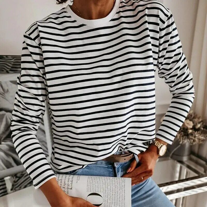 Blusa de manga larga con rayas blancas y negras para otoño camisa coreana suave con cuello redondo para mujer 2021 camisetas de mujer ropa mujer