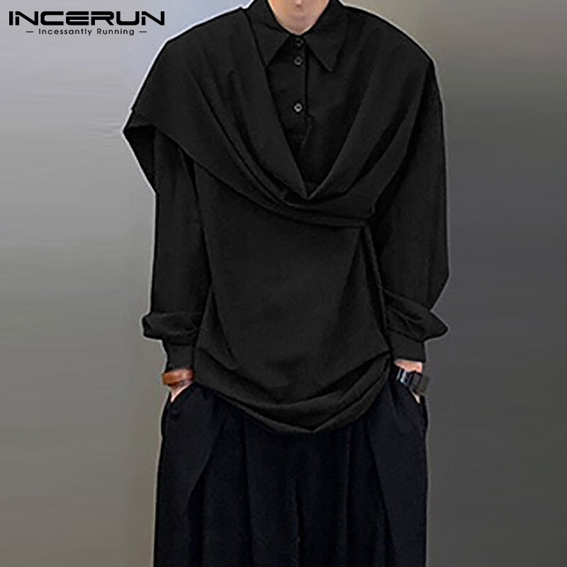 INCERUN topy 2021 koreański styl nowy męska modna bluzka luźne Comeforable z przodu kołnierz fałszywe dwuczęściowy z długim koszule z rękawami S-5XL