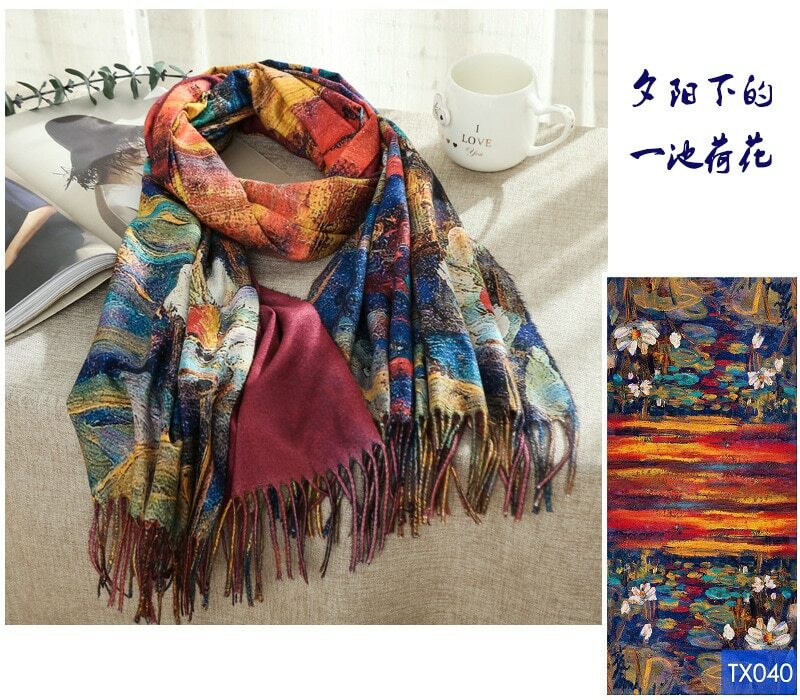 Женский шарф с рисунком дома, зимний теплый шарф с кисточками Ван Гога, дизайнерский роскошный длинный шарф с принтом, шаль