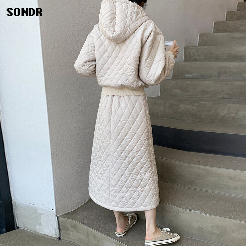 Korean Fashion Suit 2022 Autumn Winter Diamond Lattice Hooded Quilted Sweatshirt + High Waist A-Line Long Skirt Two-Piece Female