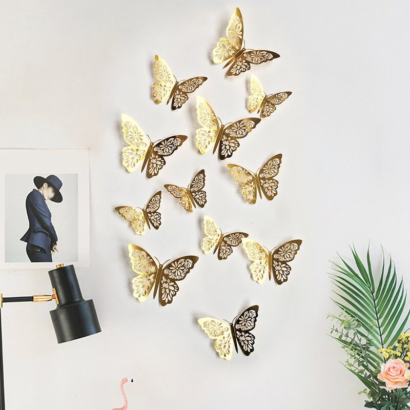 3D 할로우 나비 냉장고 침실 거실 베란다 벽 장식 스테레오 스티커 시뮬레이션 나비