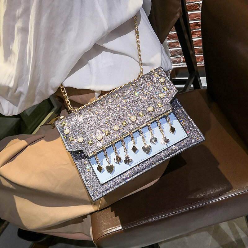 Skórzane markowe torby damskie 2020 luksusowe torby Crossbody damskie cekiny frędzle metalowe moda uliczna łańcuszek damska torba na ramię