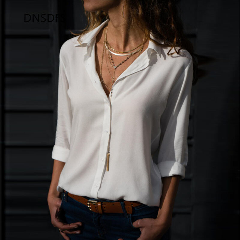 Blusa blanca de chifón para Mujer, camisa con botones y solapa, talla grande, para primavera y verano