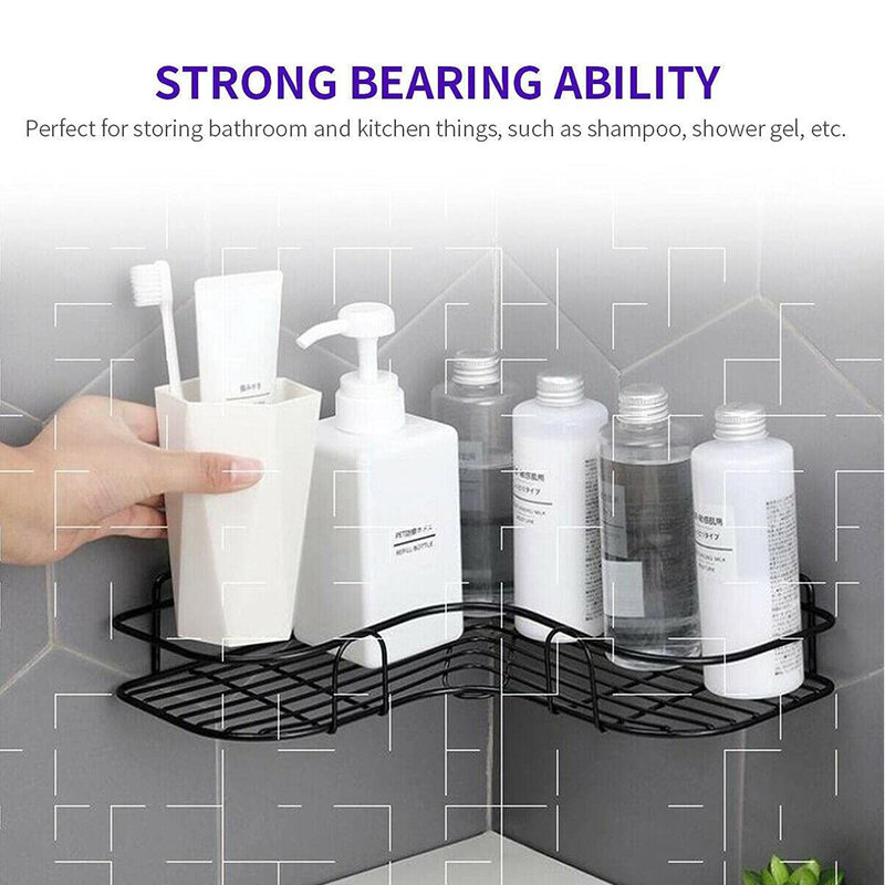 Bathroom Kitchen Shower Caddy Shelf Triangular Wall Corner Rack Organizer Holder Triangle Basket No Drilling, Design