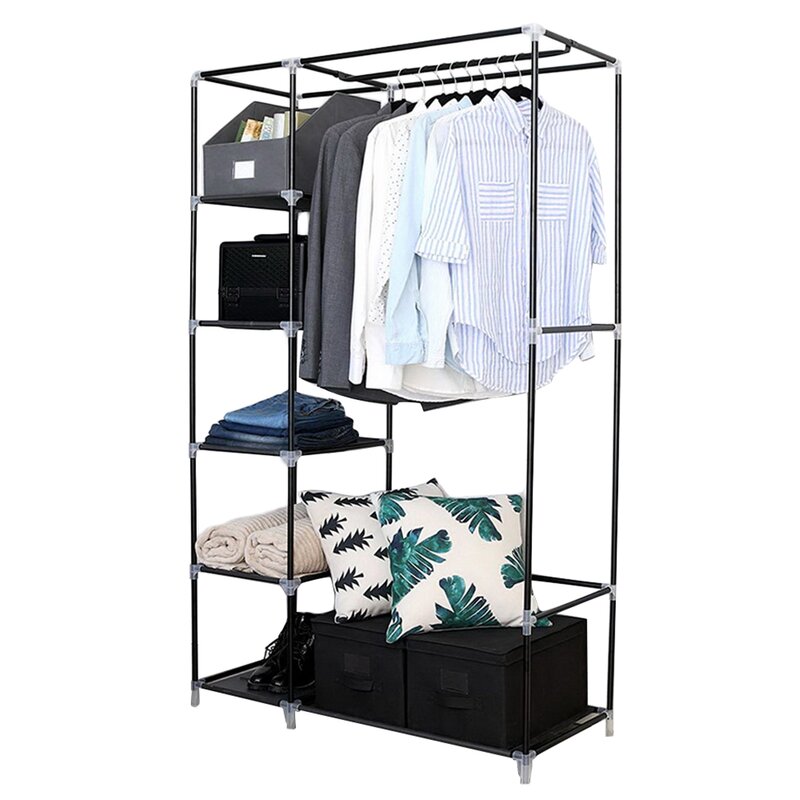 4-Layer 6 Grid Non-Woven Wardrobe Bedroom Clothes Storage Cabinet Closet Organizer Dustproof Home Furniture Shelf Portable Black