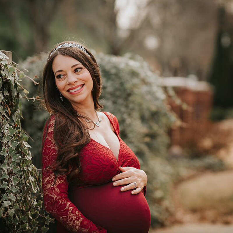 Kehamilan Renda Seksi V Leher Lengan Panjang Pakaian Hamil Foto Menembak Maxi Gaun Wanita Hamil Baby Shower Fotografi Prop Pakaian