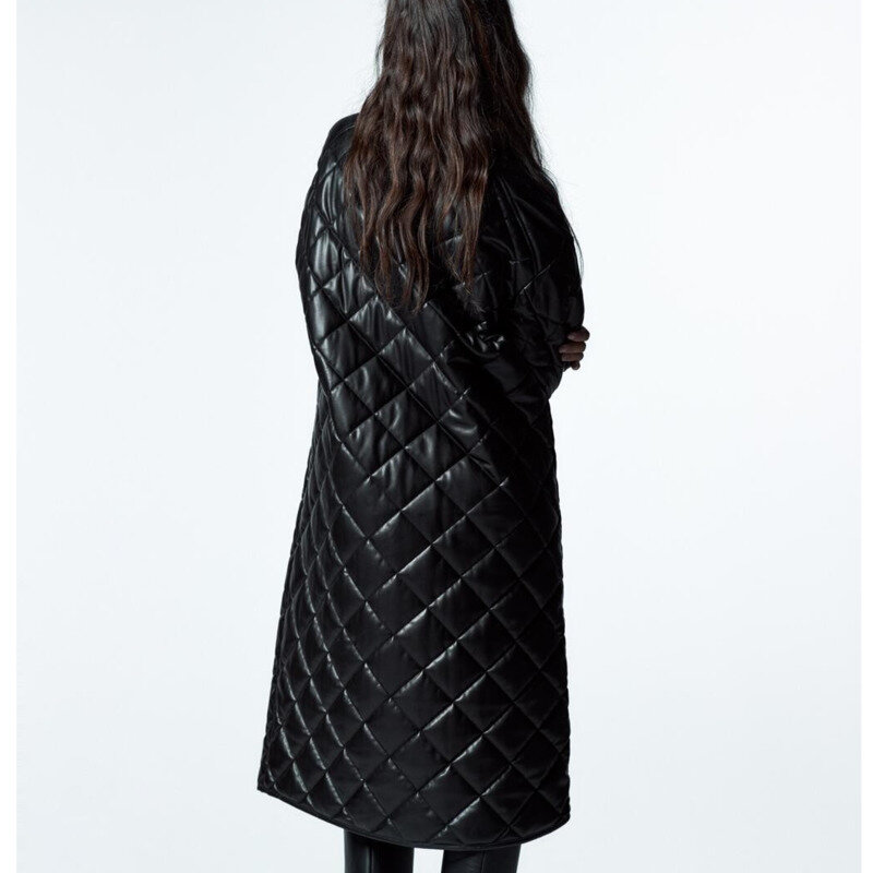 2022 Winter Vintage Warme Schwarz Leder Mantel Weibliche Casual Lose Streetwear Langarm Parkas Midi Outwear Jacke