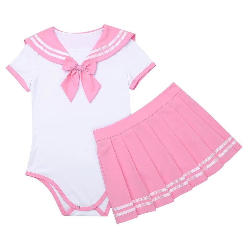 여자 성인 게임 블랙 핑크 스커트 세트 일본 학교 유니폼 짧은 소매 Romper 미니 Pleated 치마 코스프레 세트