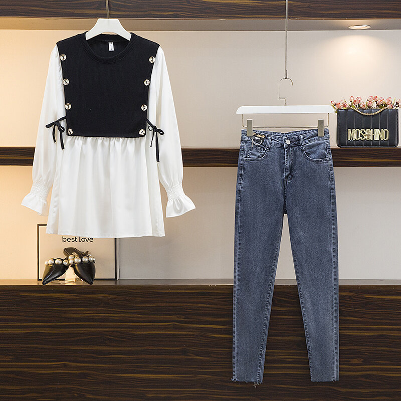 Camisas de dos piezas para mujer, pantalones vaqueros ajustados de cintura francesa con costura de punto, estilo Sense de diseño, Otoño, 2021