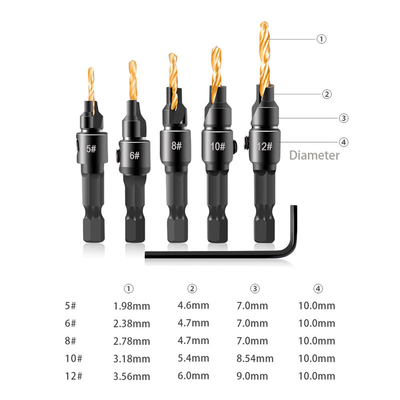 6Pcs Hex Shank Quick Change Woodworking Countersink Drill Bit Set Screw Carpentry Reamer Chamfer With L Wrench #5 #6 #8 #10 #12