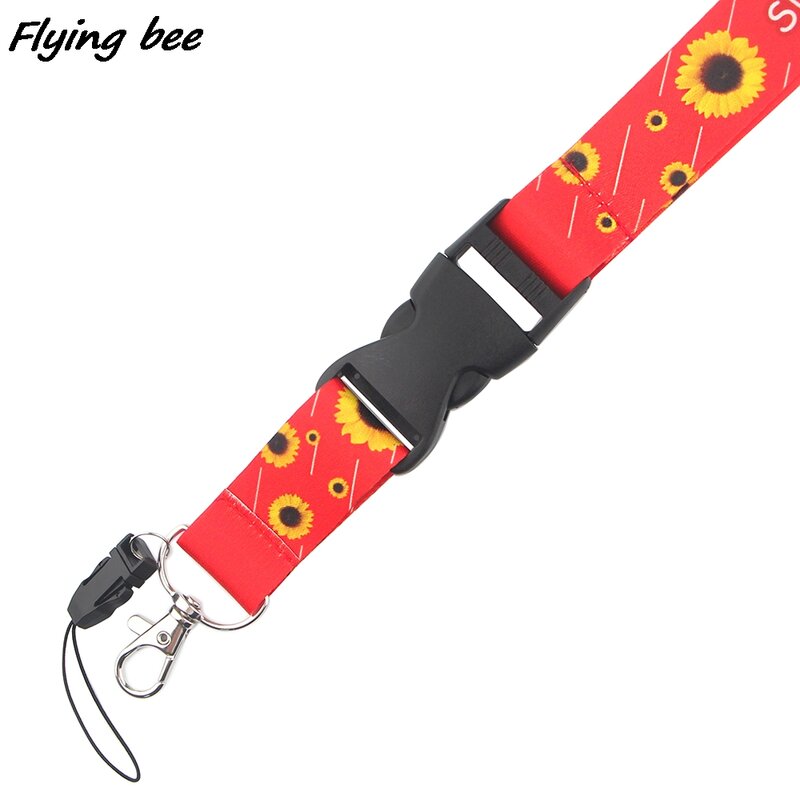 Flyingbee Cahaya Merah Muda Tali Leher Bunga Matahari Lukisan Kreatif Gantungan Kunci Lanyard untuk Ponsel Kunci ID Kartu Lanyard X1166