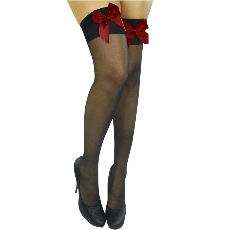 Meias de renda preto mulheres senhoras cetim arco bonito sexy pernas longo tubo transparente alta coxa meia sobre o joelho meias para meninas