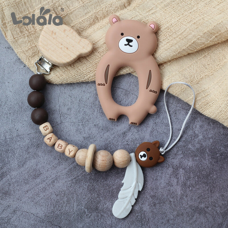 Personalized Name Pacifier Clips Beech Wood Funny teddyDummy Holder Chain For Infant Feeding Toddler Chew Teether Clips BPA Free