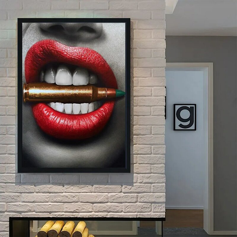 AAHH Poster Art Sexy Red Lip Money Bite Bullet Print Wall Oil Painting Canvas Picture Living Room Bar Office Home Decor