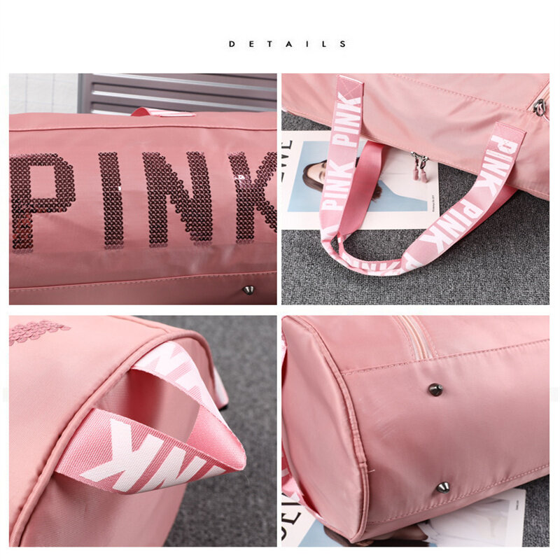 High capacity Pink Travel Bag Women Outdoor Sports Fitness Training Bags Fashion Color word Bag Nylon Waterproof Female Handbag