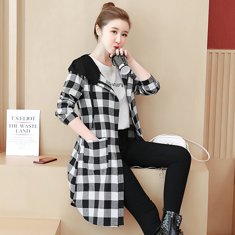 Plaid Cotton And Linen Long Jacket Coats Women 2022 Spring Hooded Zipper Windbreak Oversize Trench Loose Outerwear